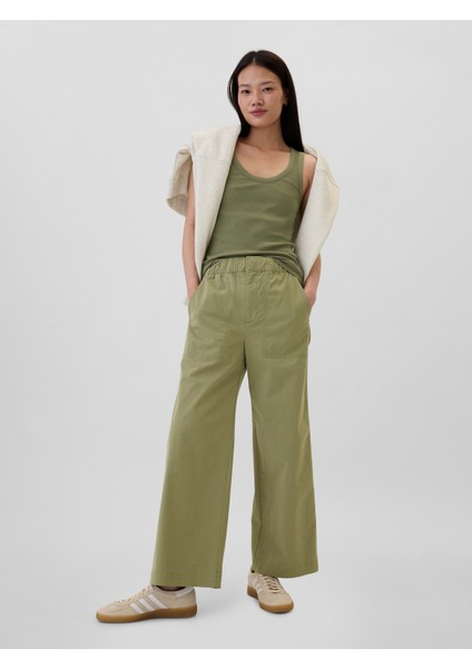 Kadın Yeşil Mid Rise Easy Wide-Leg Khaki Pantolon