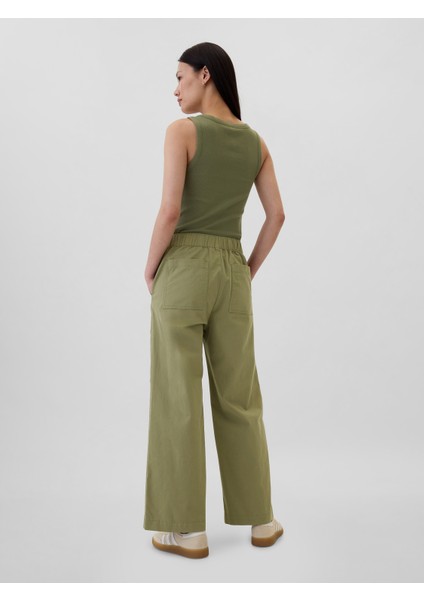 Kadın Yeşil Mid Rise Easy Wide-Leg Khaki Pantolon