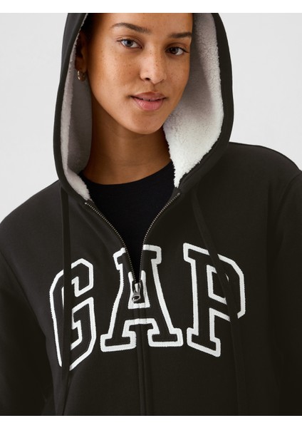 Kadın Siyah Gap Logo Relaxed Sherpa Fermuarlı Sweatshirt