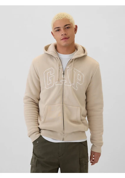 Erkek Bej Gap Logo Fermuarlı Sherpa Sweatshirt