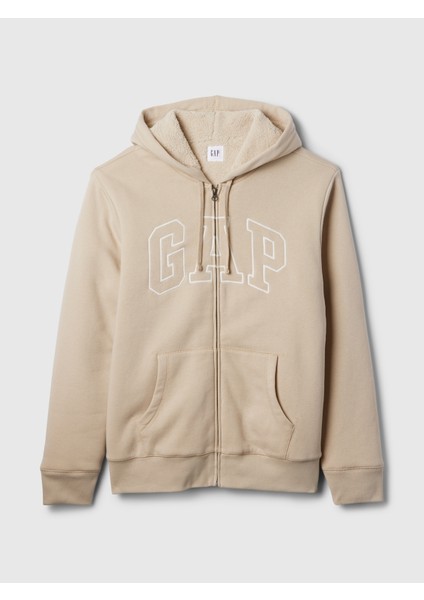 Erkek Bej Gap Logo Fermuarlı Sherpa Sweatshirt