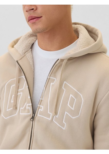 Erkek Bej Gap Logo Fermuarlı Sherpa Sweatshirt