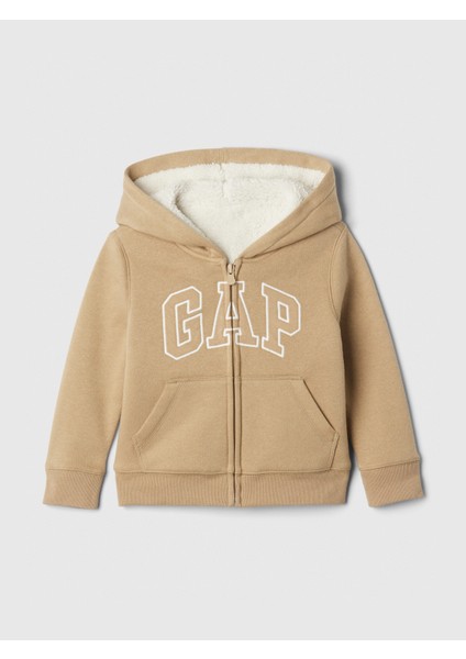 Erkek Bebek Bej Gap Logo Fermuarlı Fleece Sherpa Sweatshirt