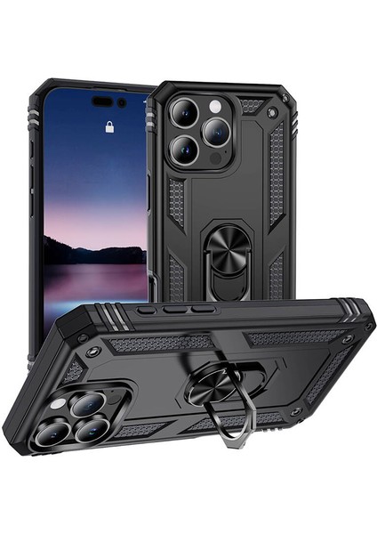 Apple iPhone 16 Pro Kılıf Military Armor Ring Case Yüzüklü Standlı Tank Koruma Zırh Silikon Kapak