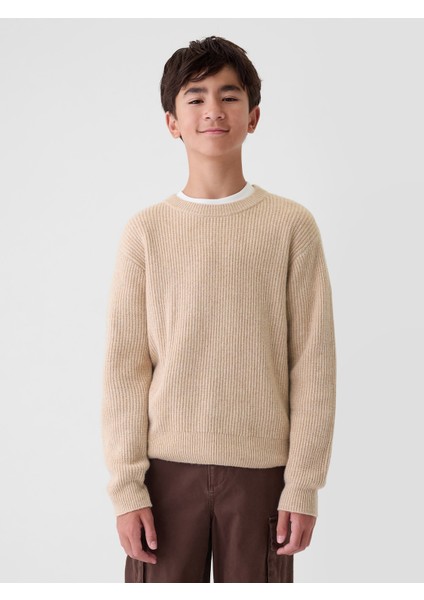 Erkek Çocuk Bej CashSoft Rib Bisiklet Yaka Kazak