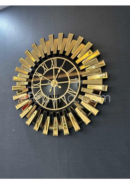 Modern 83cm Aynalı Duvar Saati, Siyah, Altın ve Gümüş Detaylar