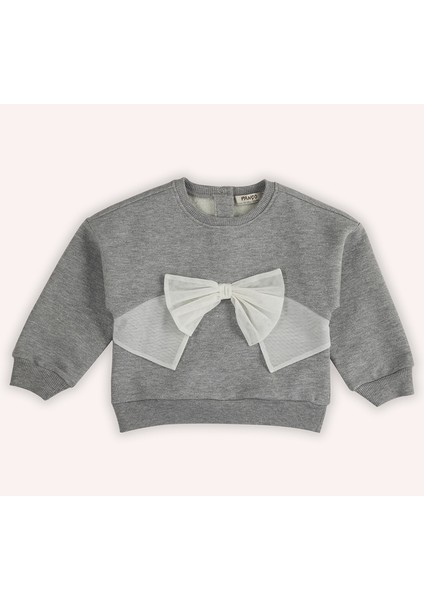Kız Bebek Tül Fiyonk Detaylı Gri-Melanj Sweatshirt