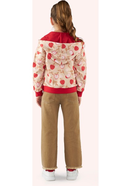 Kız Çocuk Fermuarlı Elma Desenli Bej Sweatshirt