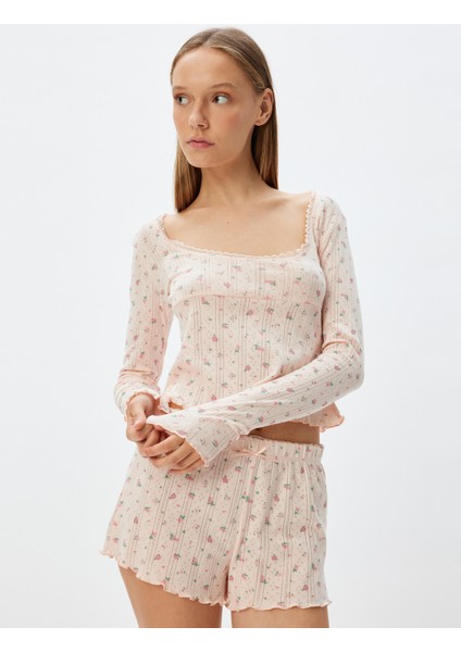 Çiçekli Crop Pijama Üstü Derin Yuvarlak Yaka Uzun Kollu Pamuklu fiyatları