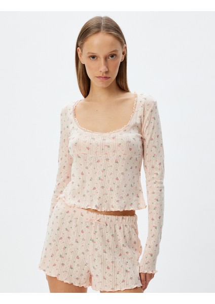 Çiçekli Crop Pijama Üstü Derin Yuvarlak Yaka Uzun Kollu Pamuklu modelleri
