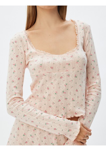 Çiçekli Crop Pijama Üstü Derin Yuvarlak Yaka Uzun Kollu Pamuklu indirimleri