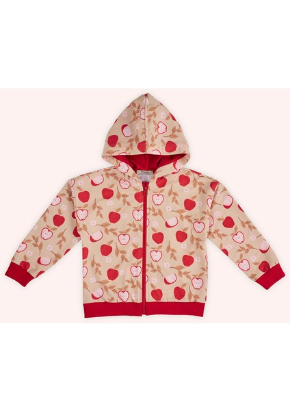 Kız Çocuk Fermuarlı Elma Desenli Bej Sweatshirt