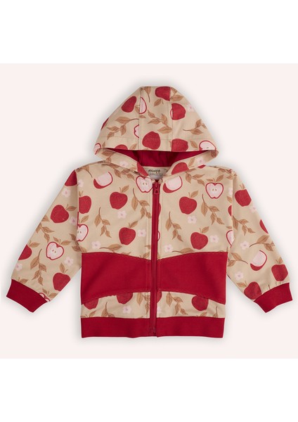 Kız Bebek Elma Desenli Fermuarlı Bej Sweatshirt
