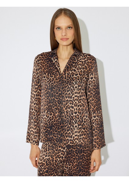 x Zeynep Bastık - Leopar Desenli Pijama Üstü Gömlek Yaka Uzun Kollu Viskon