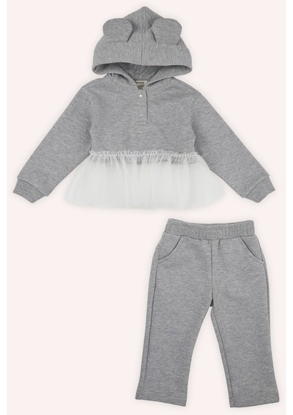 Kız Bebek Eşofman Takımı Uzun Paça Kapüşonlu Gri-Melanj 2'li Set