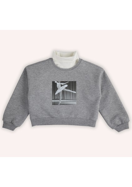 Kız Çocuk Baskı Detaylı Gri-Melanj Sweatshirt