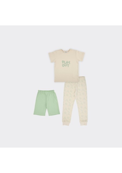 Erkek Çocuk Karanlıkta Parlayan Baskılı 3'lü Set Bej Pijama Takımı