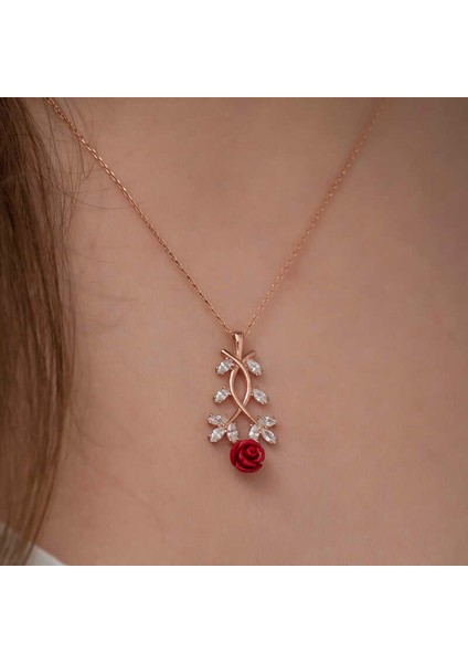 ​925 Ayar Gümüş Rose Kırmızı Gül Gümüş Kolye