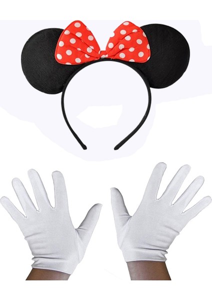 Parti Kırmızı Fiyonklu Minnie Mouse Tacı ve Beyaz Eldiven Seti