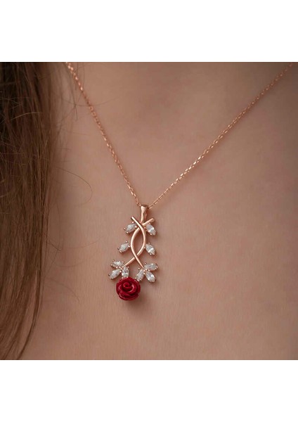 ​925 Ayar Gümüş Rose Kırmızı Gül Gümüş Kolye