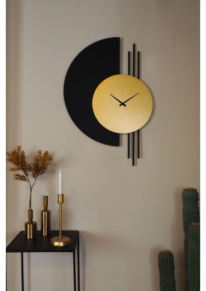 Modern Siyah Altın Metal Duvar Saati 84x57 cm, şık ev dekoru