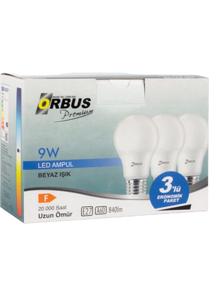 Orbus ORB/L9W 3lü Paket 9W Beyaz LED Ampul (4434)