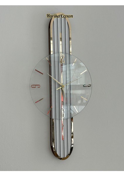 Modern şık ahşap ve cam duvar saati, sessiz mekanizma, beyaz renk, 65cm