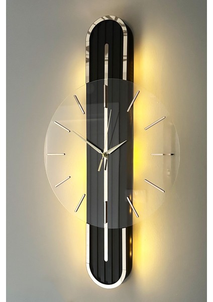 Modern aynalı saat, pilli led, 65x15 cm, siyah altın renk, şık tasarım