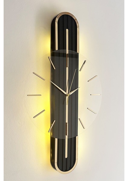 Modern aynalı saat, pilli led, 65x15 cm, siyah altın renk, şık tasarım