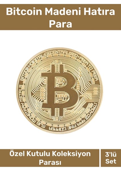 Özel Kutulu Hediyelik Kripto Hatıra Koleksiyon Bitcoin Madeni Para Altın Rengi 3'lü Set