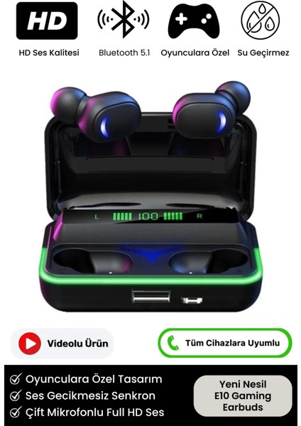 5.1 Hd Ses Rgb Işıklı Çift Mikrofonlu 1200 Mah Powerbanklı Kablosuz E10 Oyuncu Bluetooth Kulaklık