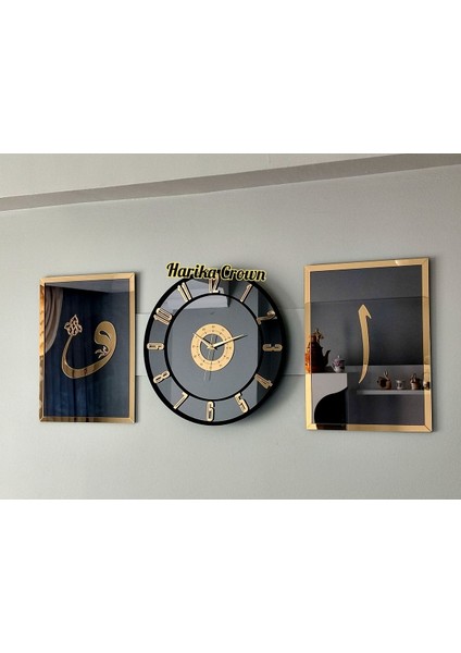 Altın modern aynalı 2'li tablo ve saat seti 30x80 boyut, şık ve estetik dekorasyon.