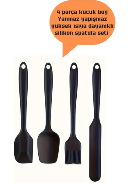Siyah 4 Parça Yanmaz Yapışmaz Yüksek Isıya Dayanıklı Midi Boy Spatula Sıyırma Yağlama Seti Kek Past