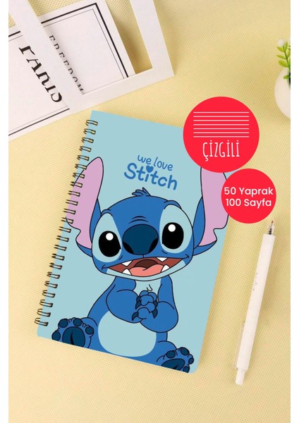 Anime Marketi We Love Stitch Tasarımlı A5 Spiralli Okul Defteri 50 Yaprak 100 Sayfa - Çizgili