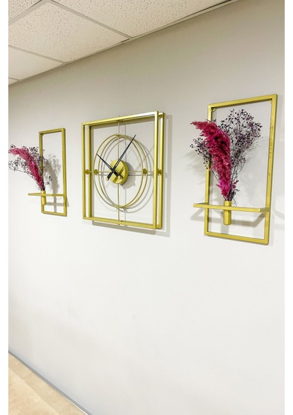Modern altın renkli 3’lü kare duvar saati ve çiçeklik seti, şık ve zarif tasarım