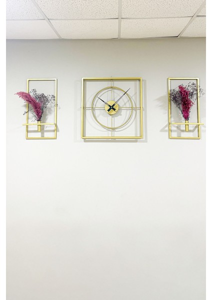 Modern altın renkli 3’lü kare duvar saati ve çiçeklik seti, şık ve zarif tasarım modelleri