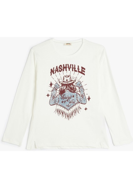 Tişört Uzun Kollu Bisiklet Yaka Baskı Detaylı Pamuklu