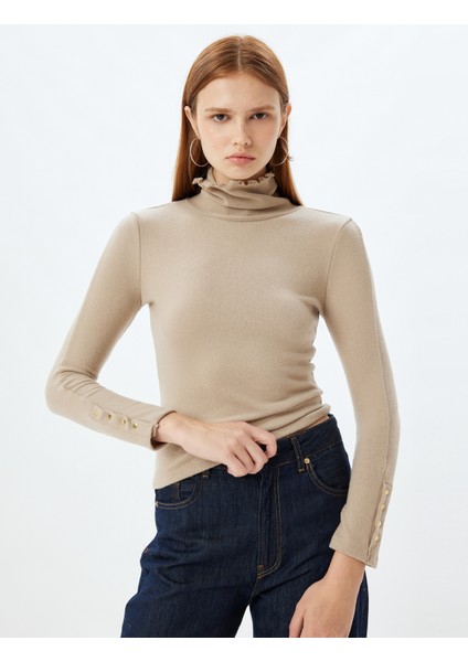 Balıkçı Yaka Tişört Yumuşak Dokulu Uzun Kollu Manşetleri Düğme Detaylı