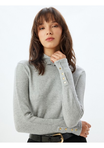 Balıkçı Yaka Tişört Yumuşak Dokulu Uzun Kollu Manşetleri Düğme Detaylı