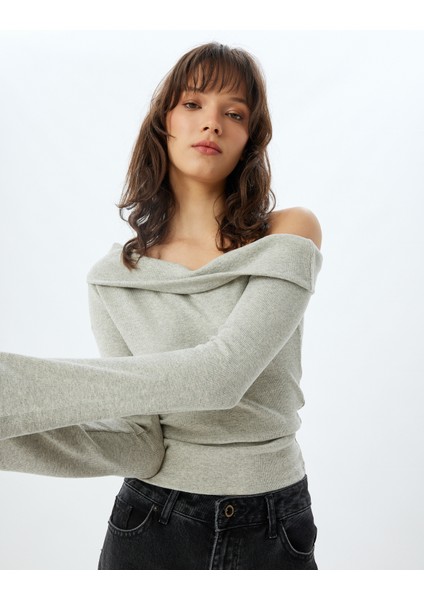 Madonna Yaka Tişört Kat Detaylı Fitilli Uzun Kollu Slim Fit