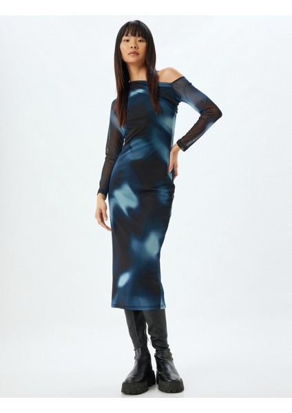 Tül Elbise Midi Omzu Açık Drapeli Asimetrik Kesim Uzun Kollu