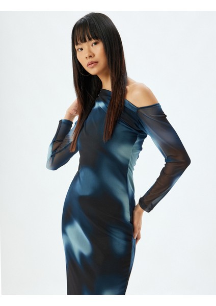 Tül Elbise Midi Omzu Açık Drapeli Asimetrik Kesim Uzun Kollu fiyatları