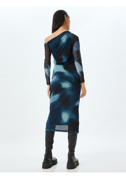 Tül Elbise Midi Omzu Açık Drapeli Asimetrik Kesim Uzun Kollu fırsatları