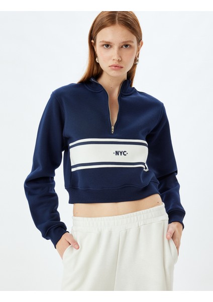 Crop Sweatshirt Yarım Fermuar Detaylı Renk Bloklu Üç Iplik Şardonlu