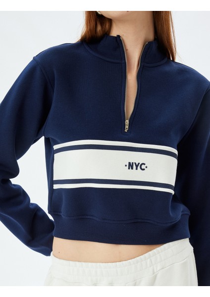 Crop Sweatshirt Yarım Fermuar Detaylı Renk Bloklu Üç Iplik Şardonlu