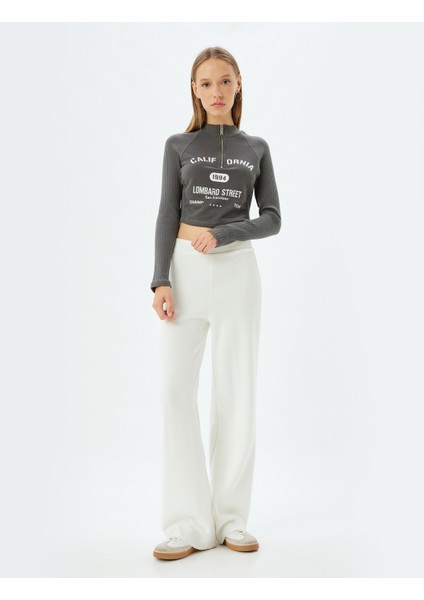 Crop Tişört Uzun Kollu Yarım Fermuarlı Slogan Baskılı Slim Fit fiyatları