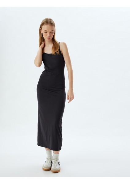 Uzun Bodycon Elbise Ip Askılı Bisiklet Yaka Slim Fit