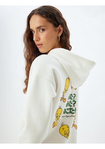 Tweety Oversize Sweatshirt Kapüşonlu Arkası Baskılı Lisanslı