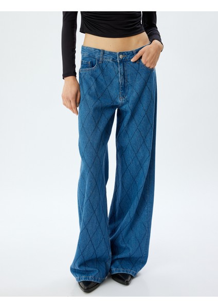 Geniş Paça Kot Pantolon Standart Bel Taşlı Düğmeli Cepli - Wide Leg Jean modelleri
