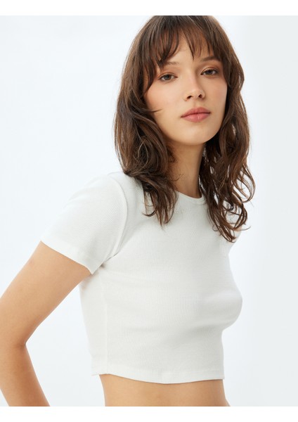 Basic Crop Fitilli Tişört Kısa Kollu Bisiklet Yaka Pamuklu